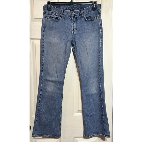 Lucky Brand Jeans Womens 10 Blue Mid Rise Flare Denim Stretch Classic Distressed - Picture 1 of 11